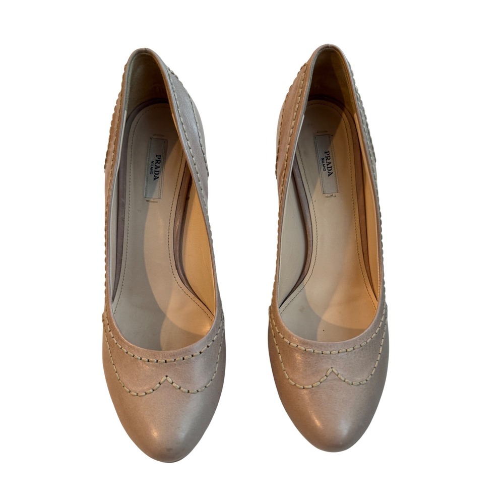 Prada Vintage Y2K Leather Whipstitch Platform Pumps Nude Pink IT 39 US 8.5 Italy